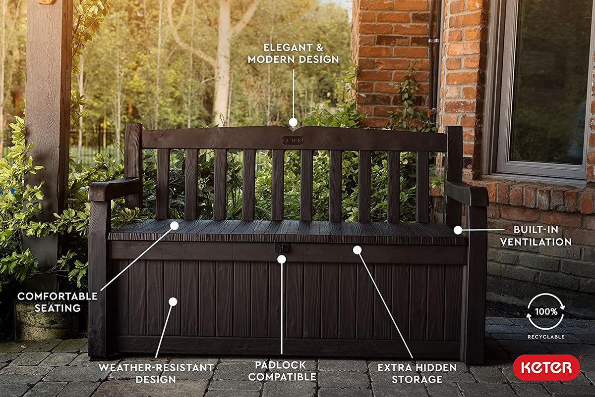 70 Gallon Storage Bench Deck Box for Patio Furniture, Front Porch Decor and Outdoor Seating -- Perfect to Store Garden Tools and Pool Toys, Brown