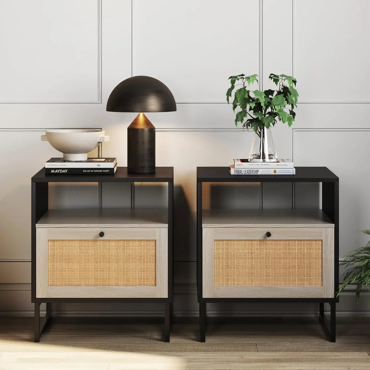 Storage-function side table and bedside cabinet set (2-piece), black oak / black
