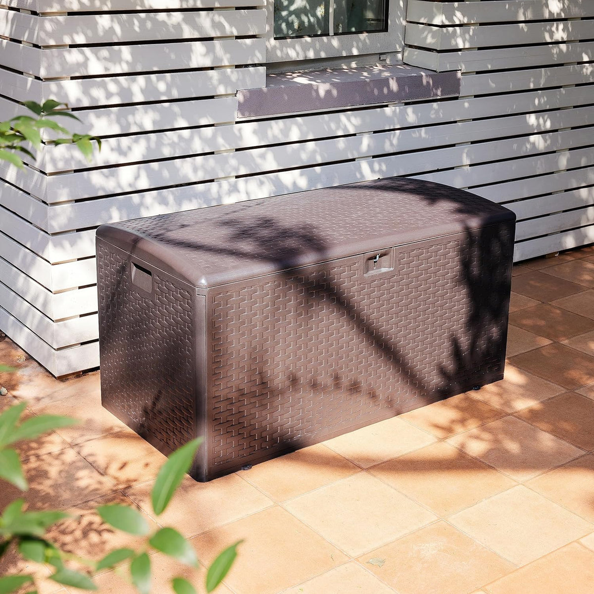 Outdoor patio storage box - 150 gallons. Loft box, waterproof and highly resistant to weather, suitable for furniture cushions and gardening tools, brown color scheme.