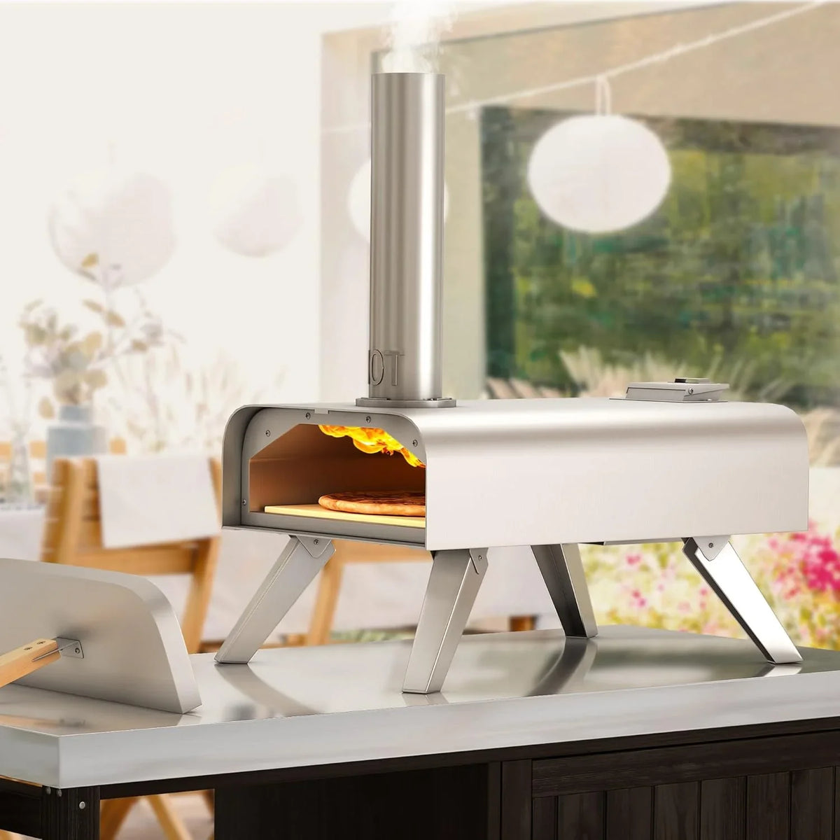 Wood-fired outdoor pizza oven, 12-inch portable pellet pizza oven, equipped with pizza tongs and pizza cutter, stainless steel silver pizza maker suitable for outdoor kitchen cooking