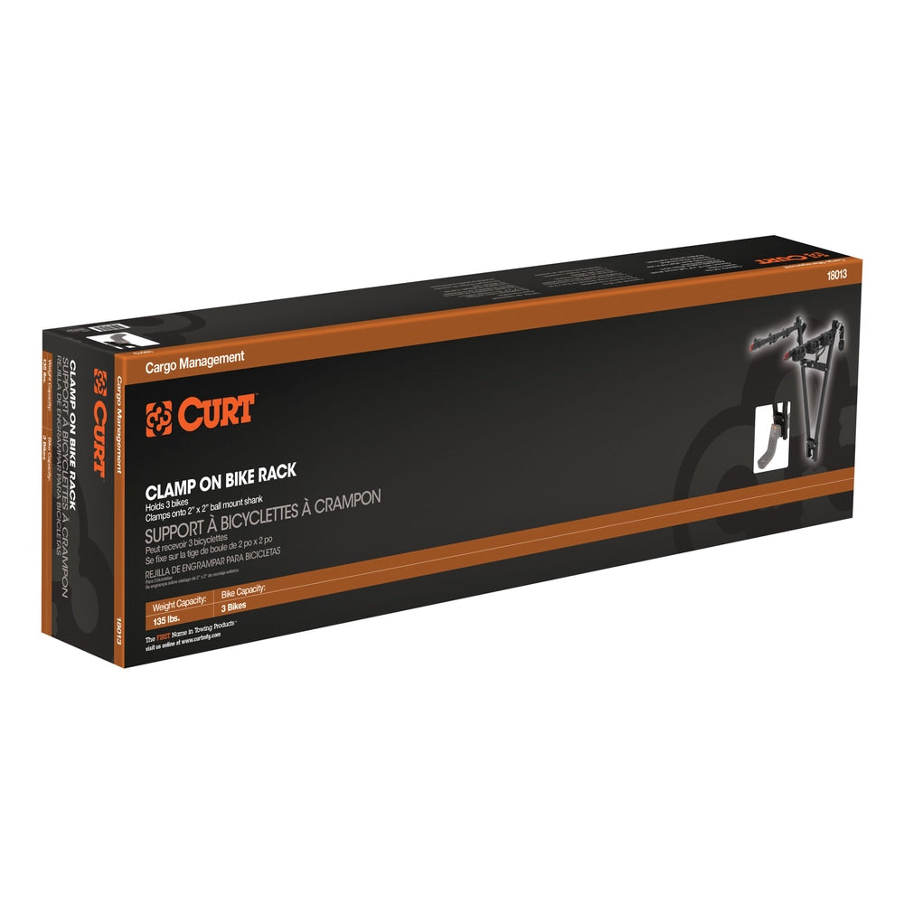 CURT 18013 Clamp-On 3-Bike Hitch Mount Bike Rack, Fits Over 2-in Receiver, Black