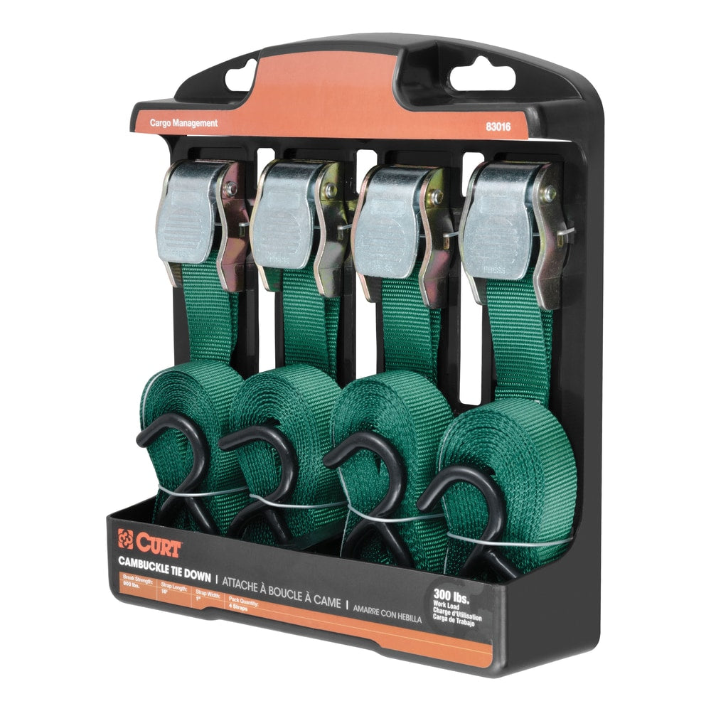 CURT 83016 Cargo Straps with S-Hooks, Dark Green, 300-lb, 16-ft, 4-pk