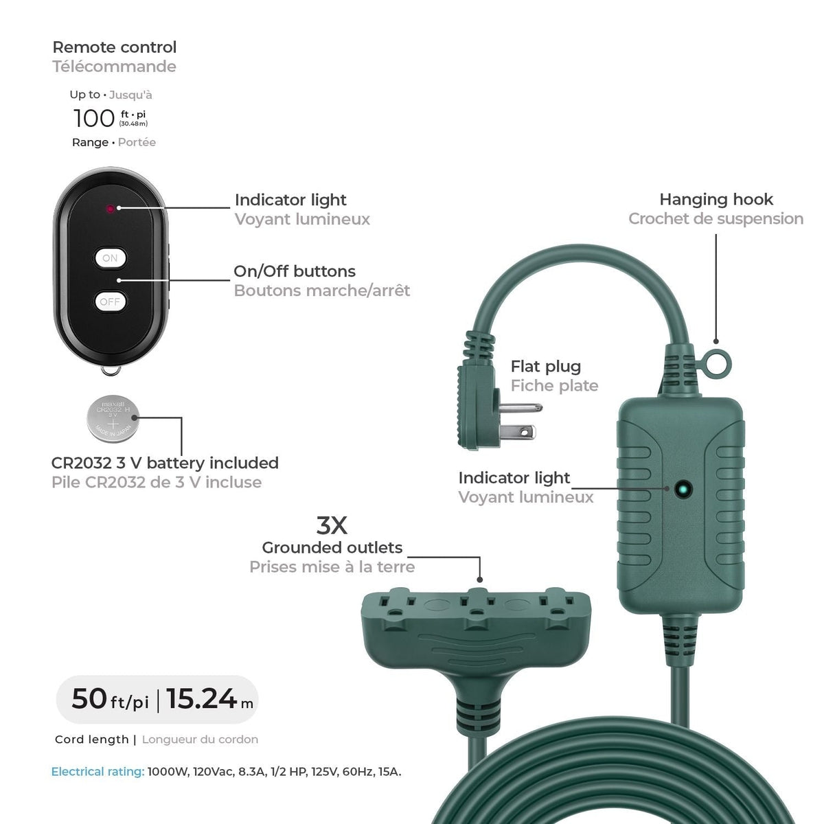 Globe Electric 50-ft 14/3 Outdoor Power Cord with Wireless Remote & 3 Grounded Outlets, Green