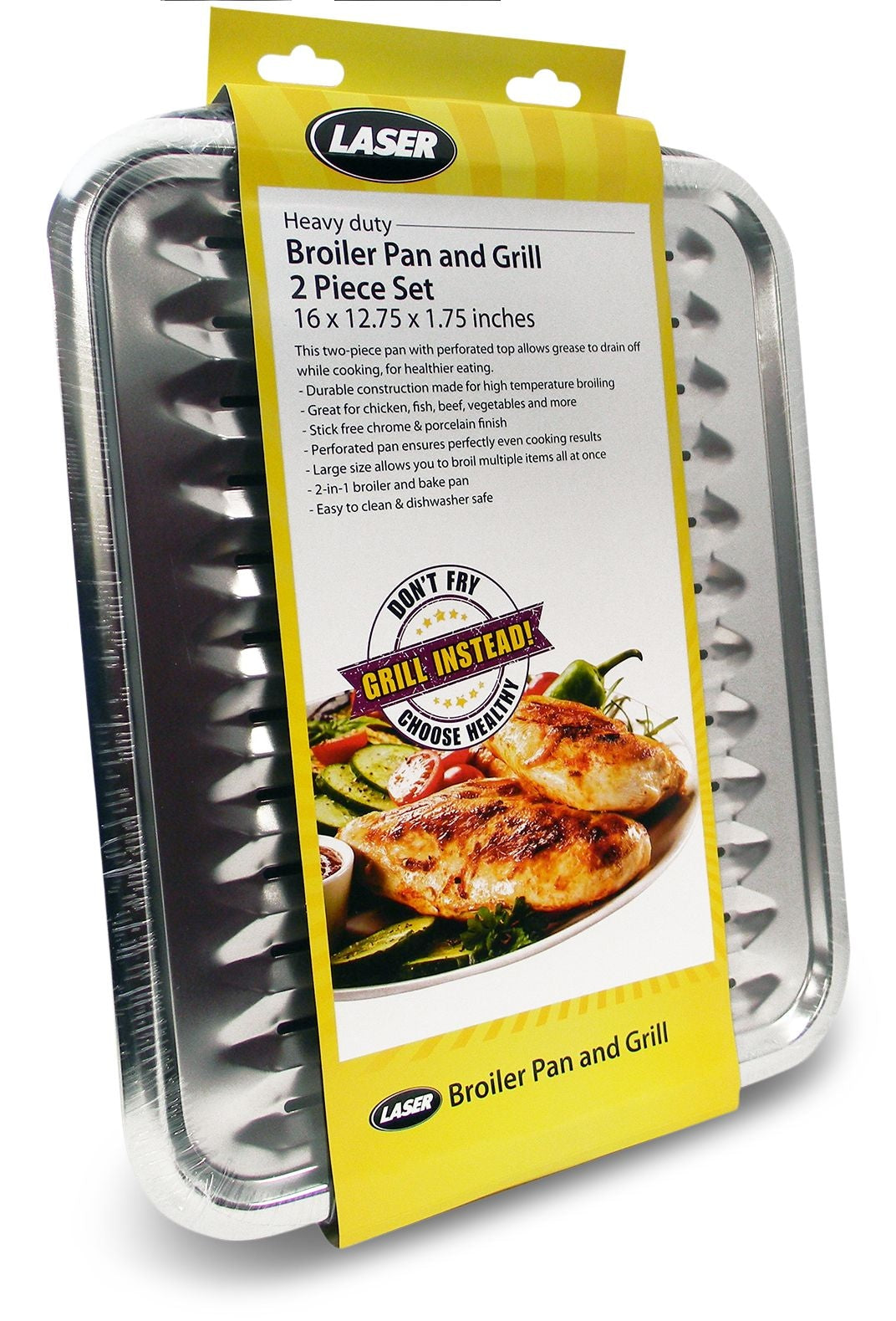 Laser 62250 2-in-1 Broiler Pan, Chrome/Porcelain, Dishwasher Safe, Black, 16 x 12.75 x 1.75-in