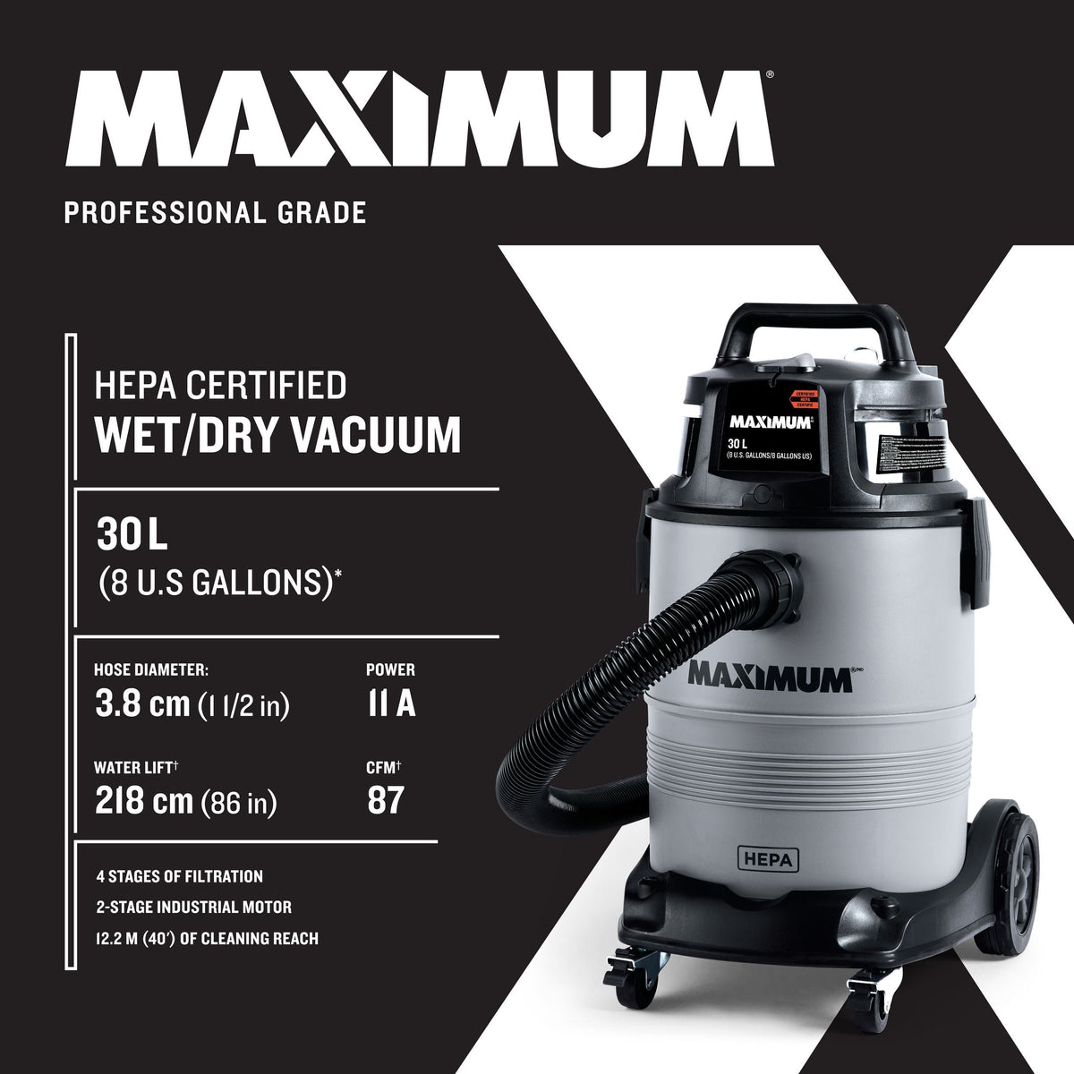 MAXIMUM VK811PH HEPA Certified Wet/Dry Shop Vacuum with Hose and Accessories, 30-L