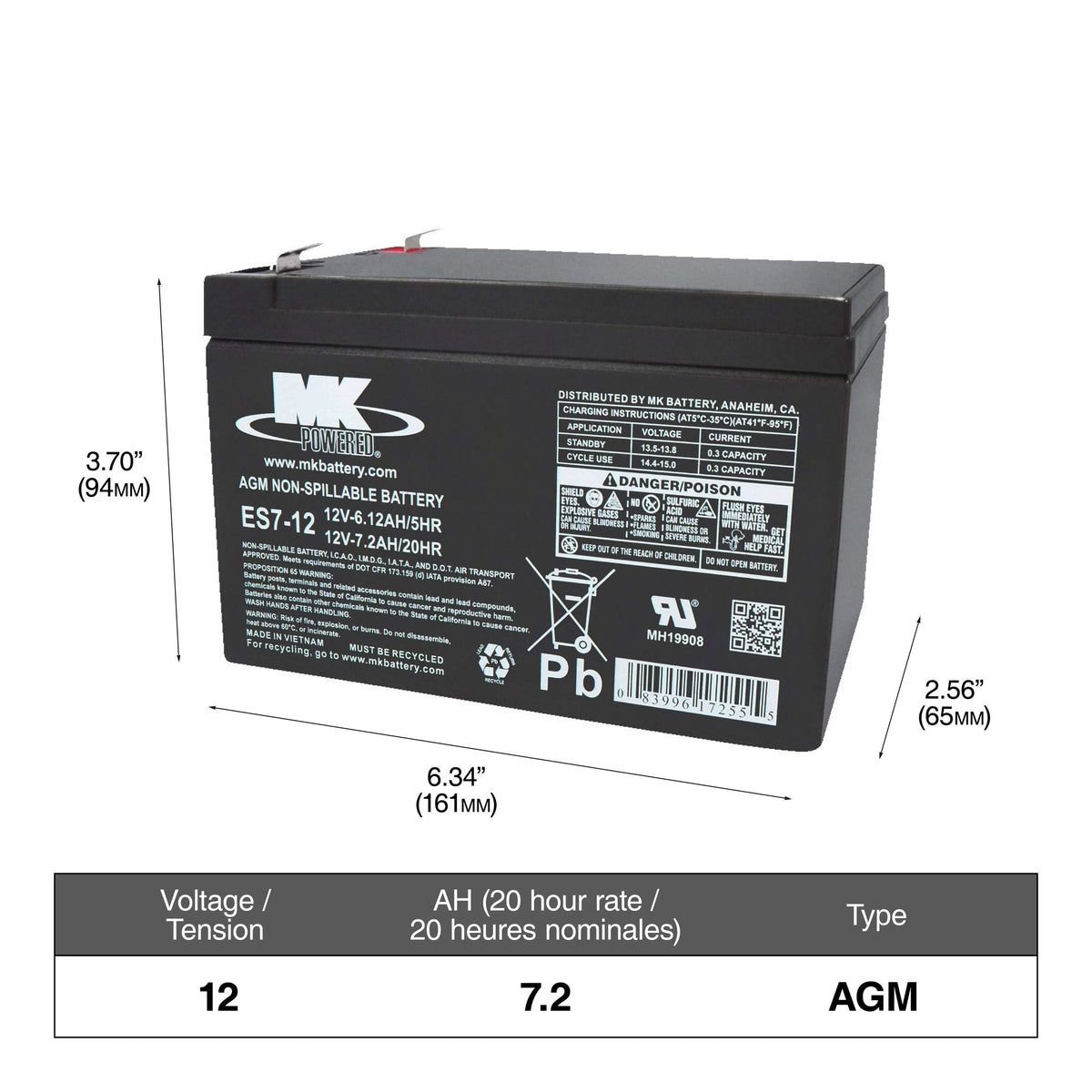 MK Battery 12-Volt 7.2 Ah SLA Battery, F2 Terminal