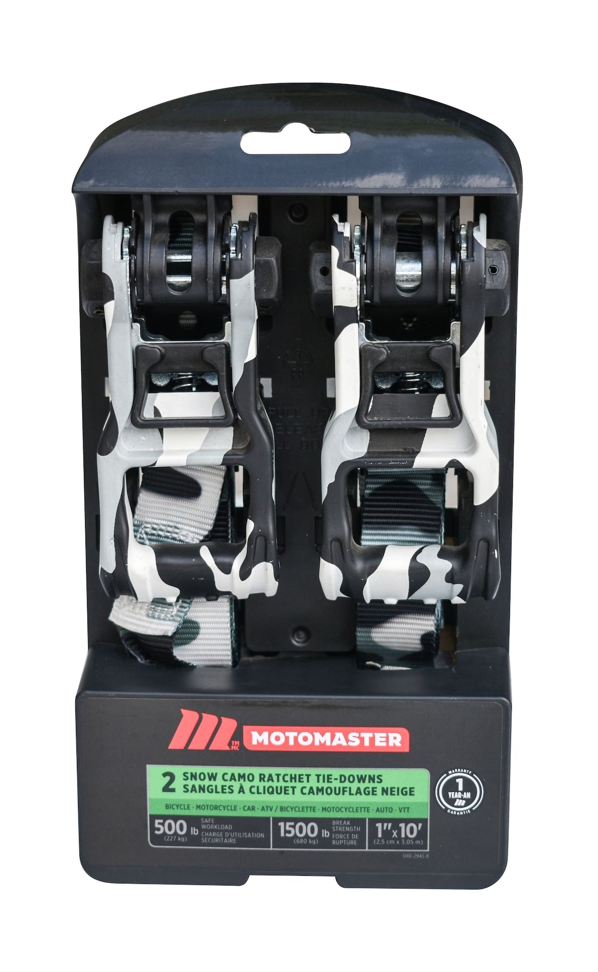 MotoMaster 1,500-lb Snow Camo Ratchet Tie Down, 1-in x 10-ft, 2-pk