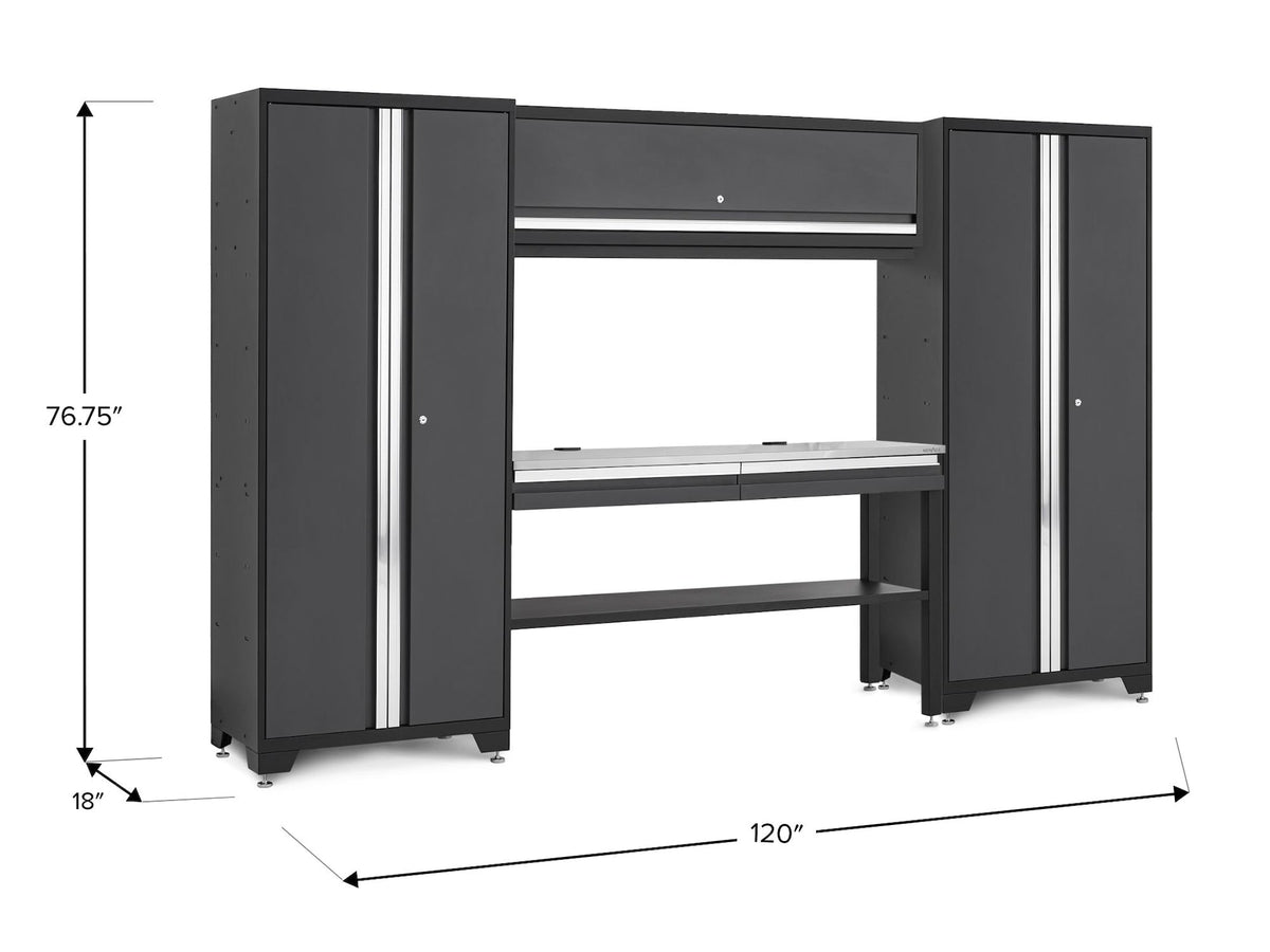 NewAge Bold 3.0 Series Lockable Steel Garage Cabinetry Set with Stainless Steel Top, Grey, 120-in x 18-in x 72-in, 5-pc