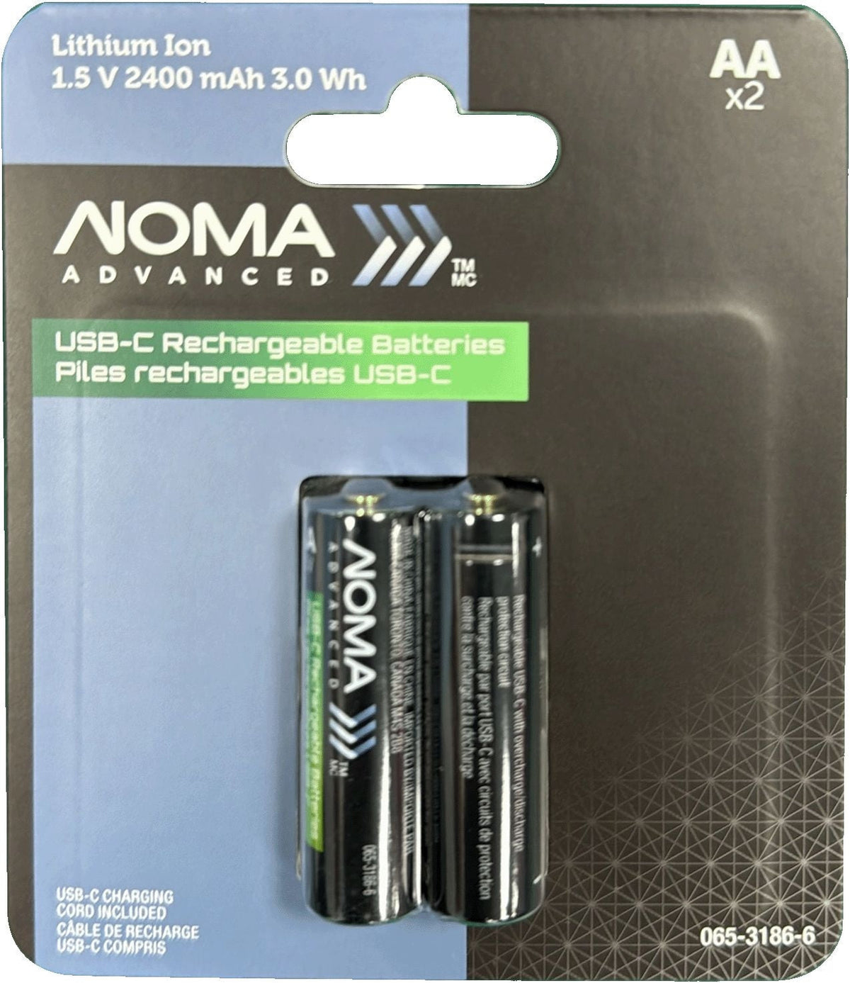 NOMA Advanced 2400 mAh USB C-Type Rechargeable Li-Ion Batteries, 2-pk