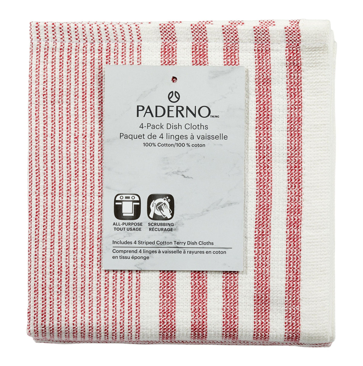 PADERNO Striped Cotton Terry Square Dish Cloths, Red, 4-pk