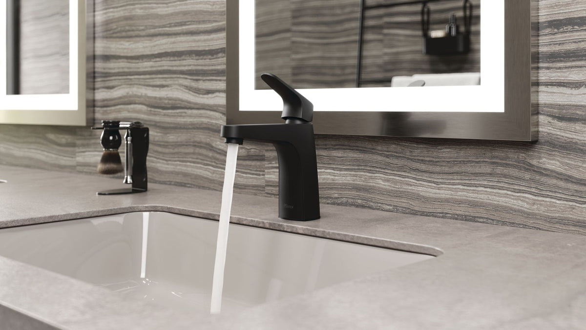 Pfister Matlock Single Handle High Arc Single Hole 4-in Centreset Bathroom Sink Faucet, Push & Seal Drain, Matte Black