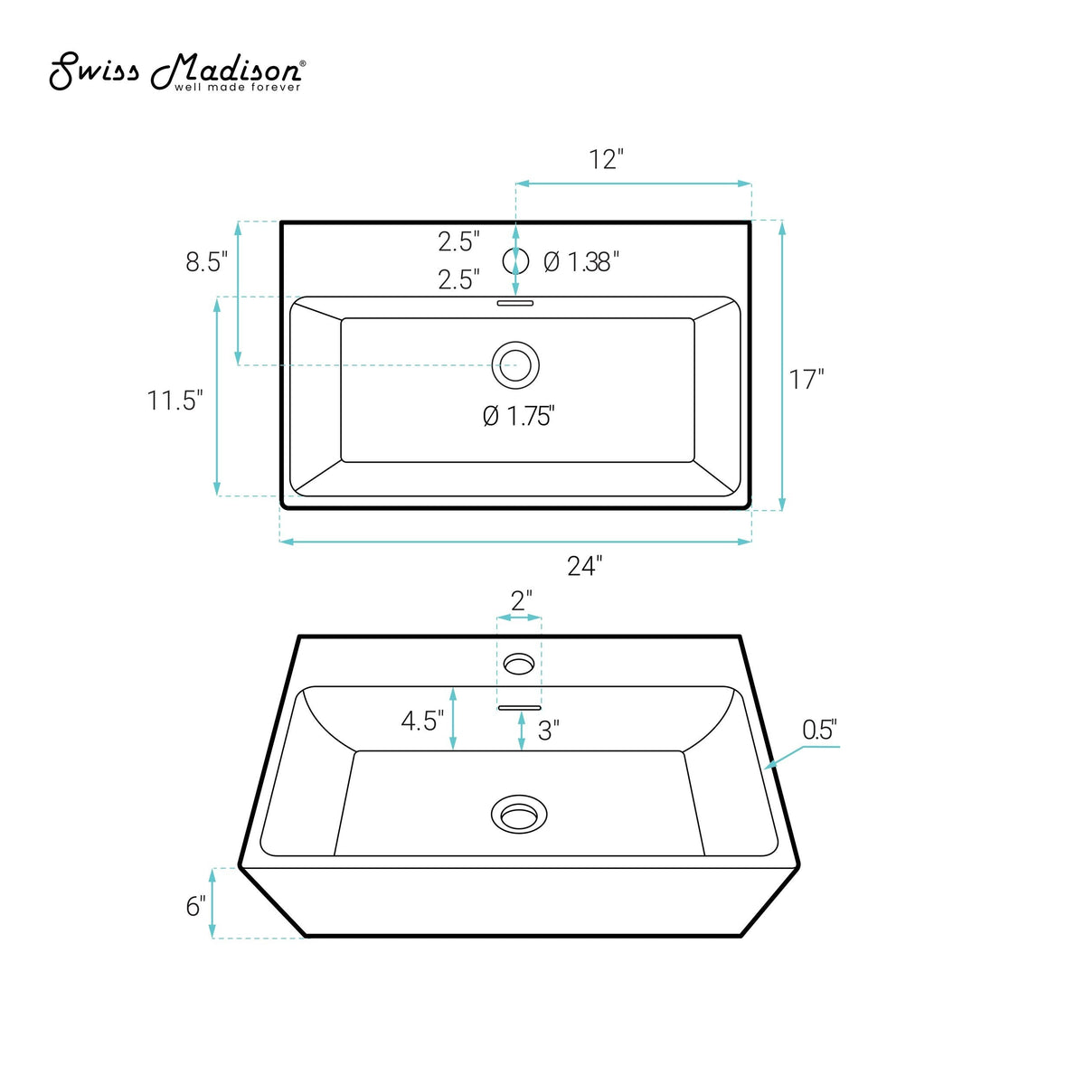 Swiss Madison Claire Rectangle Wall-Mount Bathroom Sink, 24-in