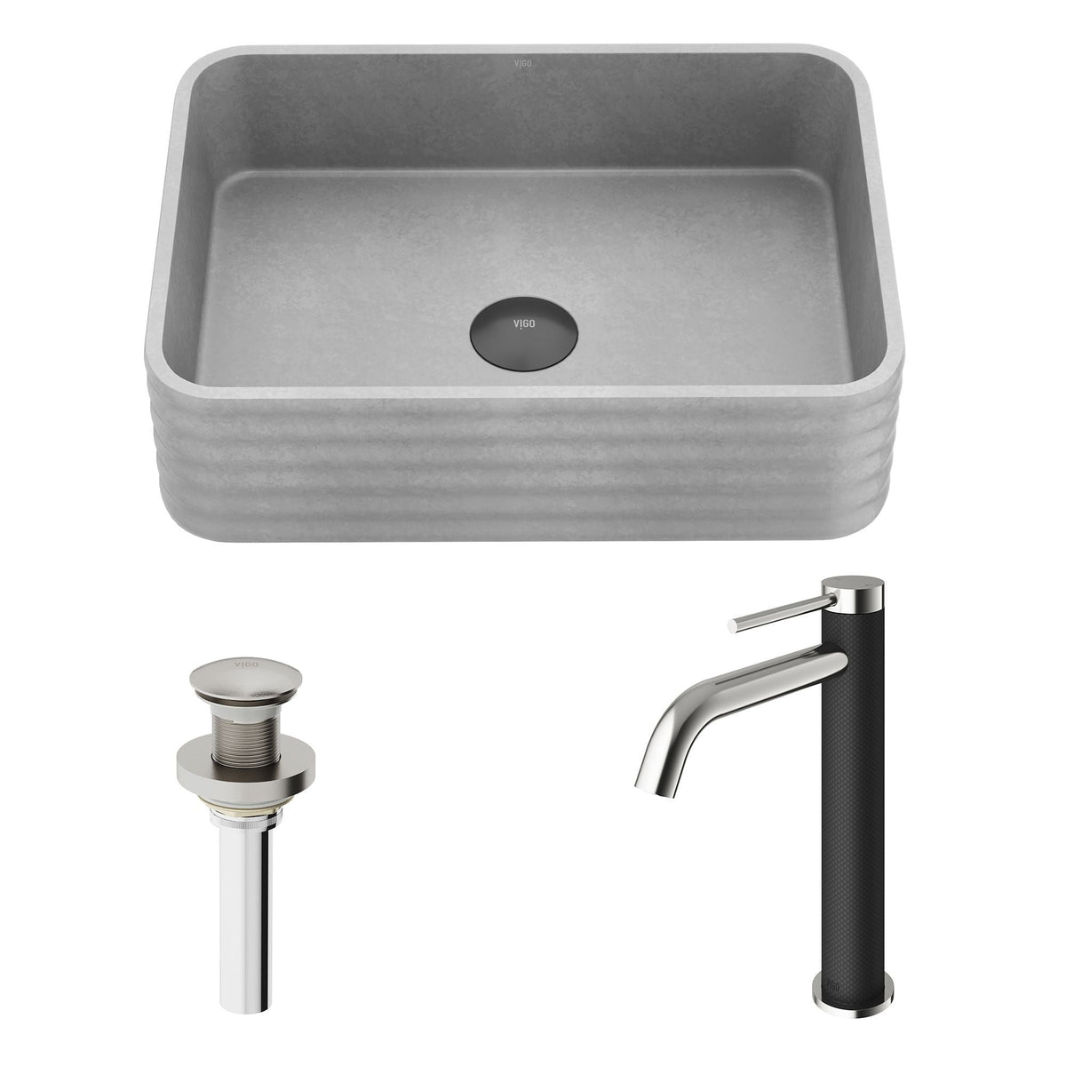 VIGO Cadman ConcretoStone Grey Bathroom Sink/Basin Set with Lexington Faucet and Rectangular Vessel