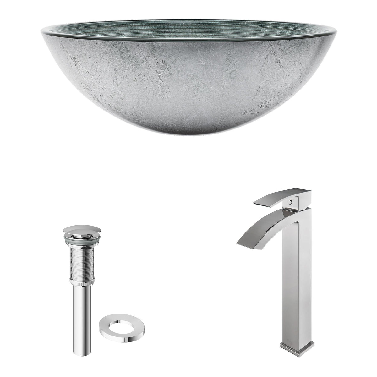 VIGO Glass Simply Silver Bathroom Sink/Basin Set with Chrome Duris Faucet and Round Vessel