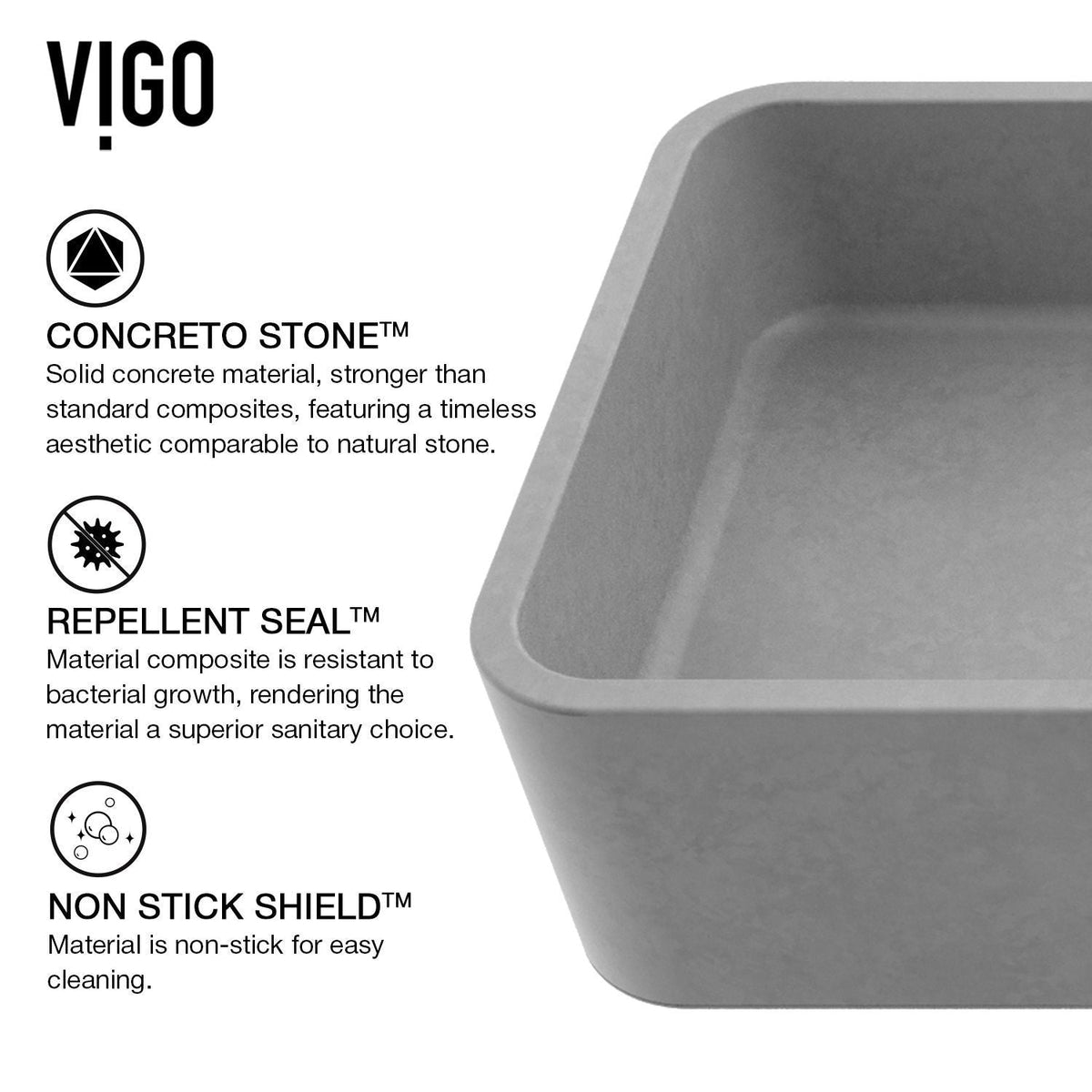 VIGO Palazzo Gothic ConcretoStone Grey Bathroom Sink/Basin Set with Niko Faucet and Rectangular Vessel