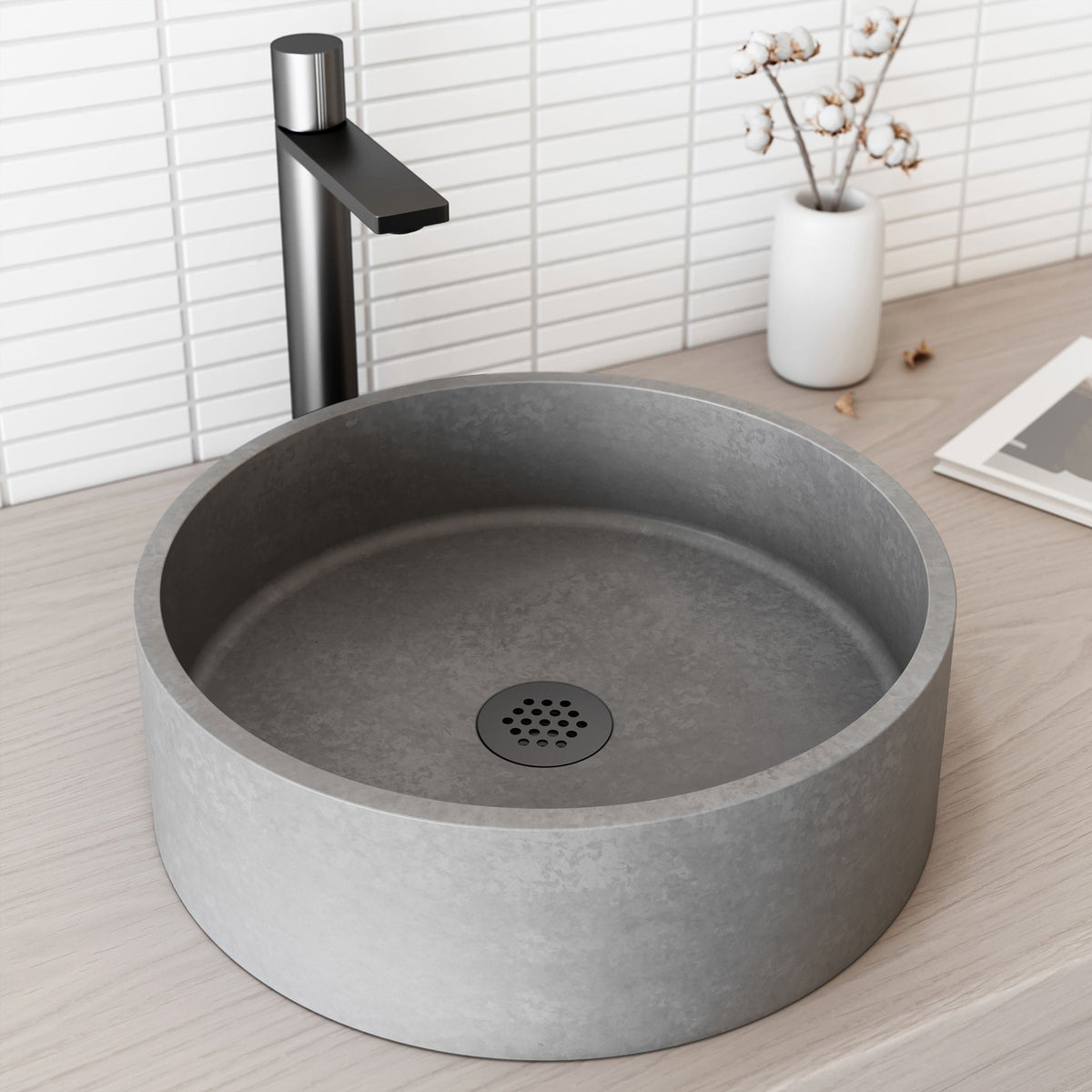 VIGO Palermo Gothic ConcretoStone 15x15-in Deep Grey Bathroom Sink/Basin with Round Vessel