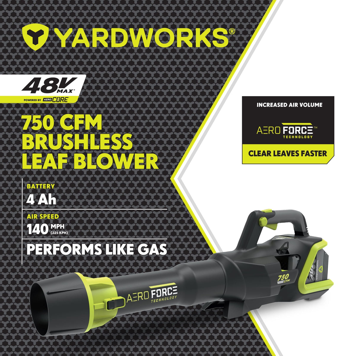 Yardworks 48V Lithium Ion Max Brushless AeroForce 2.0 750 CFM Leaf Blower Kit with (1) 4.0Ah Battery & (1) 2.0A Charger