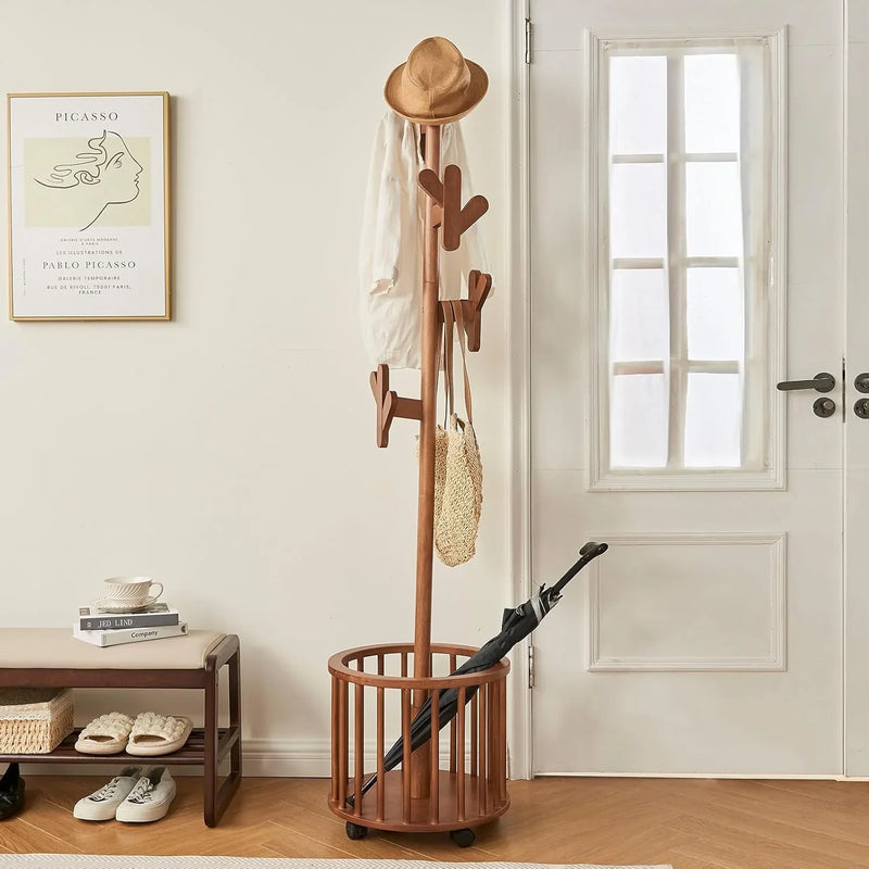 Wood Coat Rack Freestanding - Wooden Coat Tree Hat Rack with 12 Hooks, Clothes Coats Hanger Stand Rolling Racks with Umbrella Holder Wheels for Bedroom Entryway Hallway Livingroom (Walnut) X3