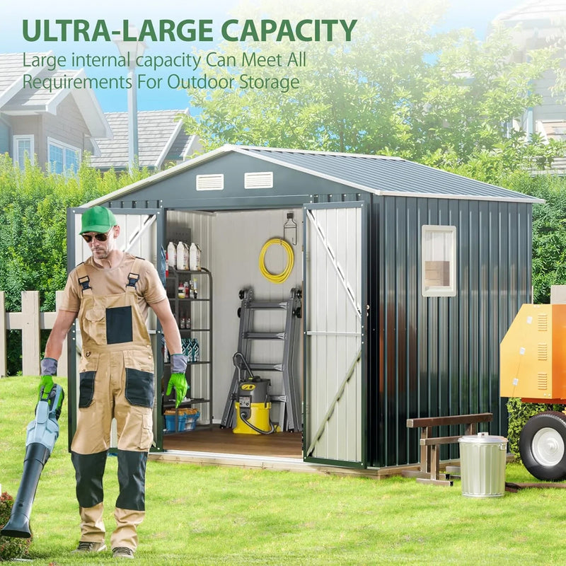 8x6FT Outdoor Steel Storage Shed with Clear Window, Lockable Doors, Weather-Resistant Metal Tool Shed for Garden, Backyard, Patio, and Utility Storage E9