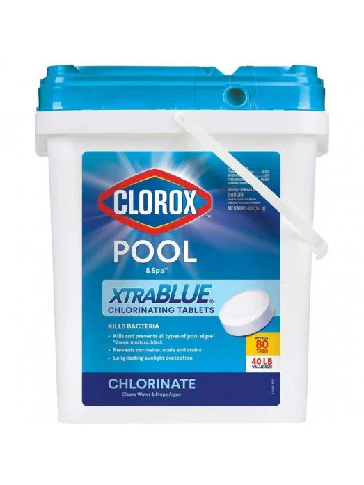 Clorox Xtra Blue 40 Pound 80 Tab Pool and Spa 3 Inch Long Lasting Chlorinating Tablets B1