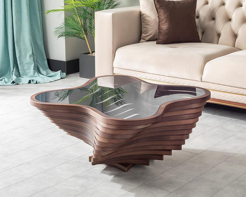 Design a modern coffee table - natural walnut veneer, tempered glass tabletop, layered wave shape, rustic wood, modern living room table, luxurious home and office decoration, central table in the living room. H7