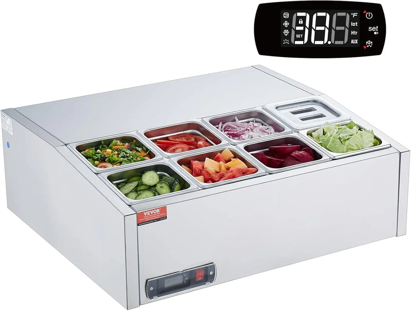 Refrigerated Condiment Prep Station, 135 W Countertop Refrigerated Condiment Station, with 2 1/3 Pans & 4 1/6 Pans, 304 Stainless Body and PC Lid, Sandwich Prep Table with Stainless Guard, ETL W8