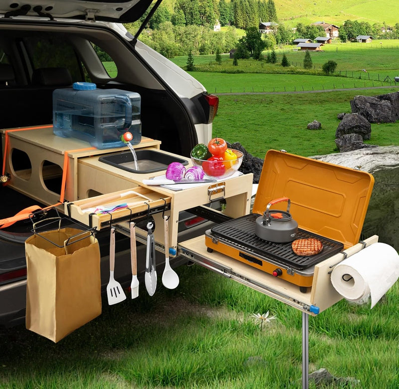 Ultimate Land Kitchen - A camping kitchen kit that combines functions of washing, chopping and cooking - Can be assembled in just 30 seconds - Perfect for land expeditions! Y7