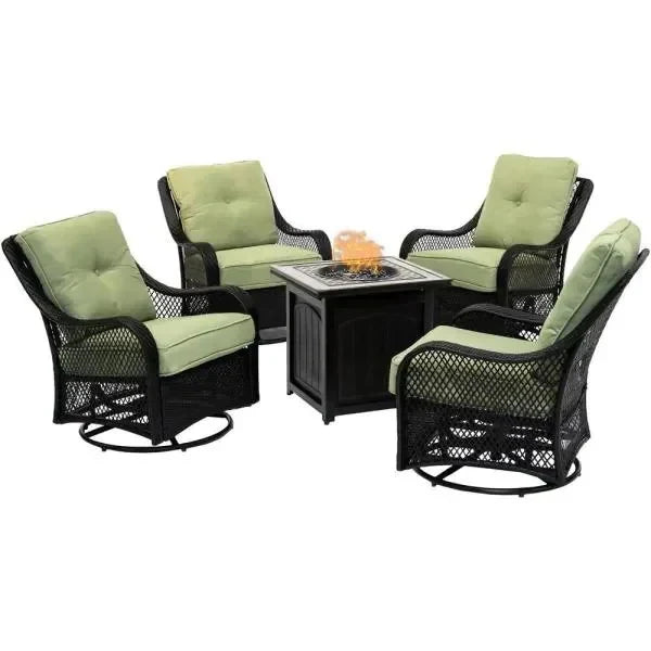 5-Piece Steel Patio Fire Pit Conversation Set with Navy Blue Cushions, Swivel Gliders and Square Fire Pit Table N9