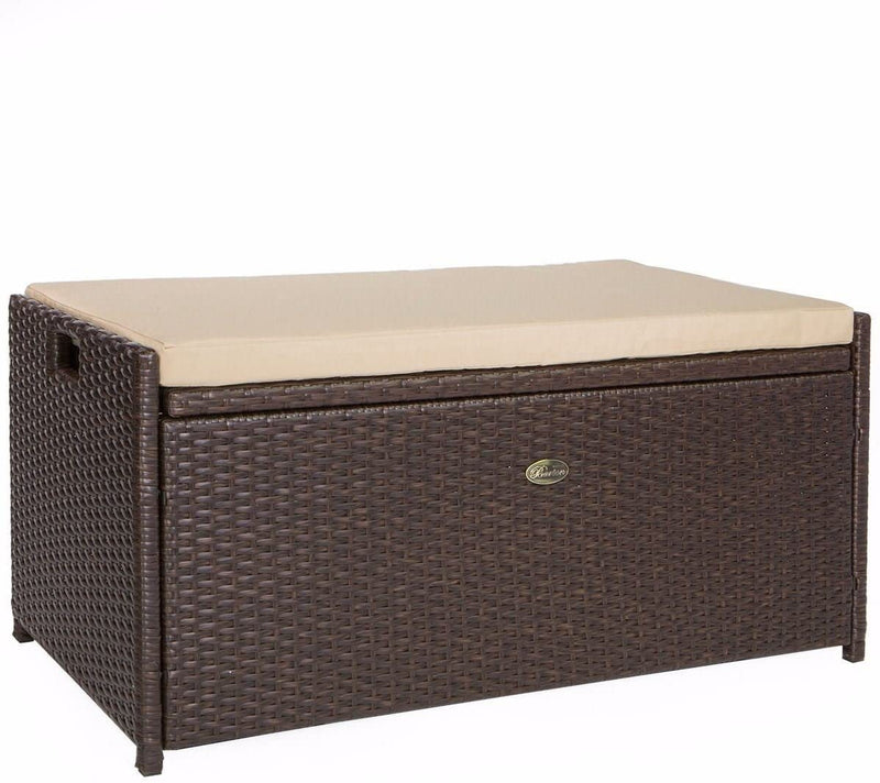 Barton Outdoor Storage Bench Rattan Style Deck Box Wicker Patio Furniture Water Resistance w/Seat Cushion, 60-Gallon, Brown K4