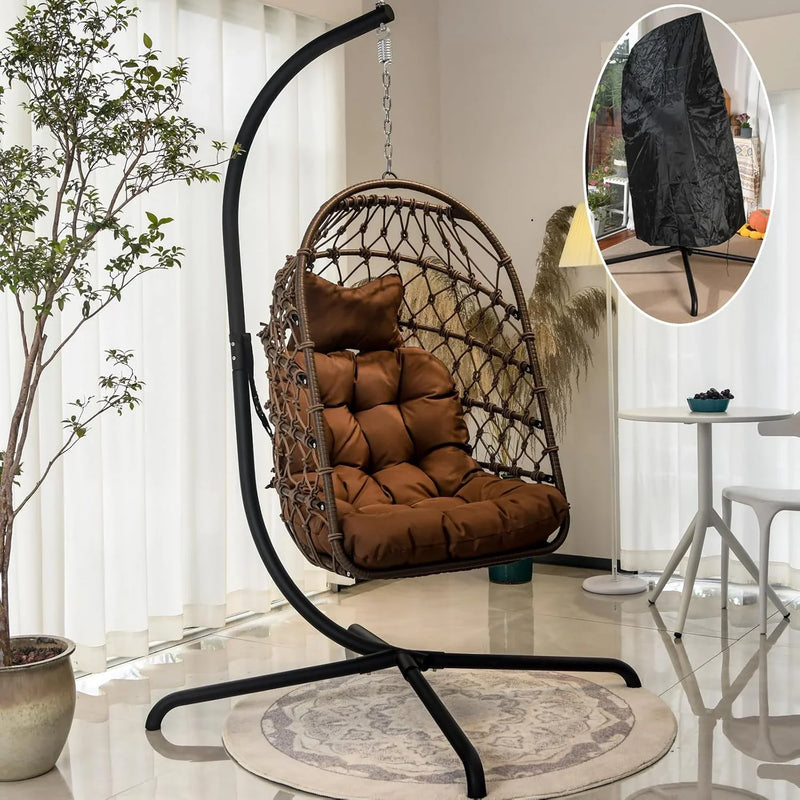 Indoor and outdoor egg-shaped rocking chairs with frames and covers, garden rattan hanging chairs, capacity 450 pounds, with UV-protective cushions, suitable for bedrooms, outdoor balconies, courtyards or living rooms (dark gray) Z5