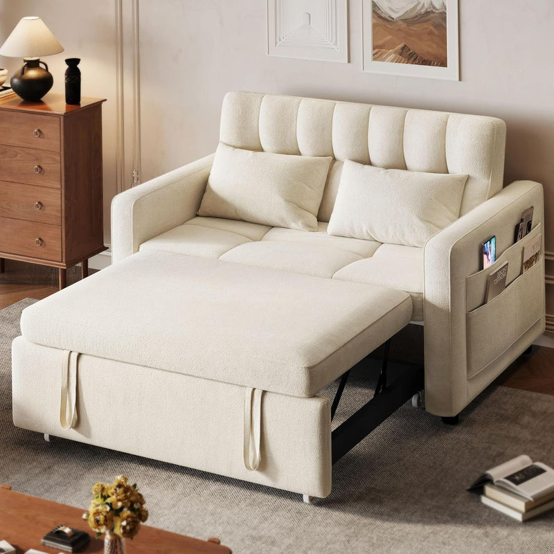 3-in-1 Convertible Sofa Bed, 55" Sleeper Sofa with Pull-Out Bed, Cat-Scratch-Proof Fabric Futon Couch with Adjustable Backrest and Side Pocket, Loveseat for Living Room Apartment, Grey P7