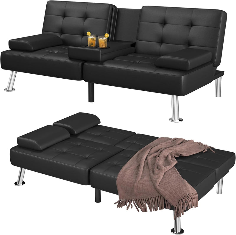 Futon Sofa Bed Convertible Folding Futon Set Modern Recliner Lounge for Small Room & Living Room with 2 Cup Holders, Removable Armrests (Artificial Leather, Black) C7
