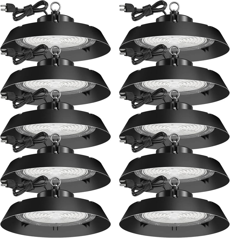 200-watt, 10 sets of UFO lamps, LED ceiling lights, 28,000 lumens, 5000K LED ceiling lights, 5-foot cable, can replace 650-watt metal halide/hot mercury lamps, suitable for gyms, factories, barns and storage areas. A6
