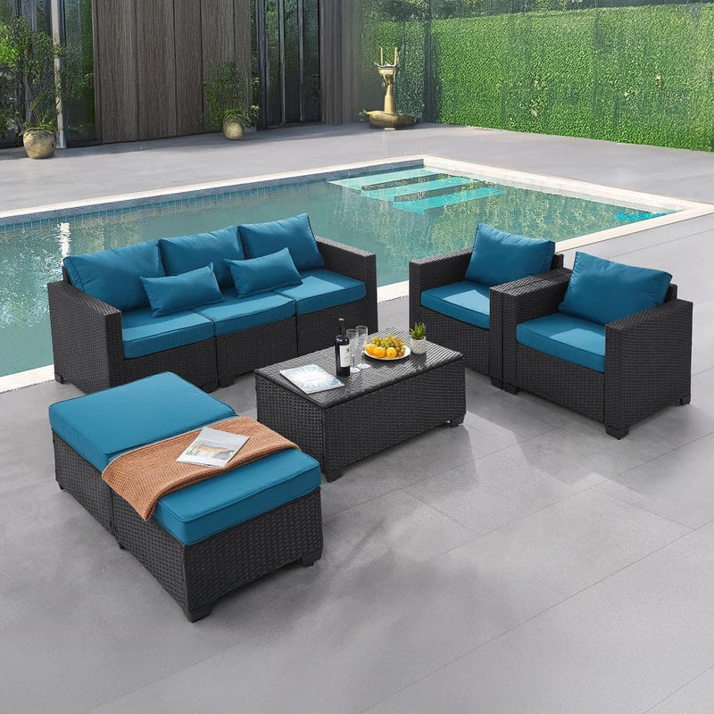 6 Pieces Outdoor Patio Furniture Sets with Furniture Cover, PE Rattan Wicker Patio Conversation Set with Tea Table (Peacock Blue, Rattan Storage Table) J5