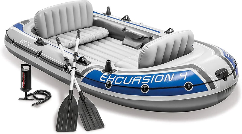 Excursion Inflatable Boat Series: Includes Deluxe 54in Boat Oars and High-Output Pump – SuperTough PVC – Adjustable Seats with Backrest – Fishing Rod Holders – Welded Oar Locks S4