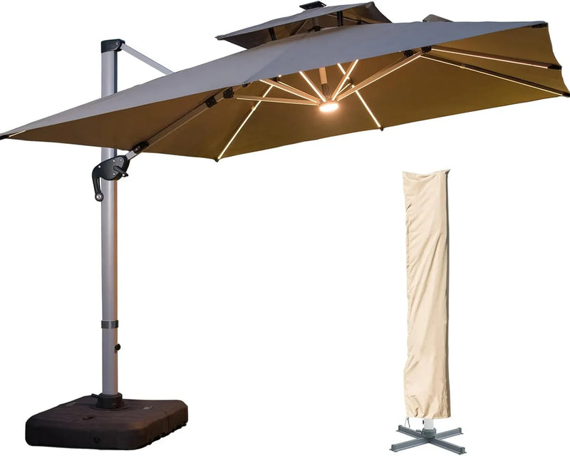 A 10-foot by 10-foot square cantilevered sunshade, equipped with a cross base and canopy, is included - a large heavy-duty outdoor sunshade, 360° rotating offset type, suitable for use in courtyards, backyard of swimming pools, terraces or gardens, i M6