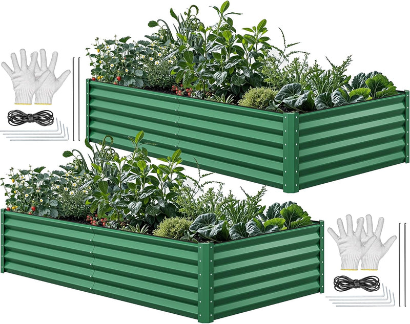 8x4x2ft 2pcs Large Raised Garden Bed Kit, Galvanized Metal Planter Box with Gloves, Ground Nails & Safety Rubber, Outdoor Above Ground Planters for Plants Vegetables Flowers, Green Q3