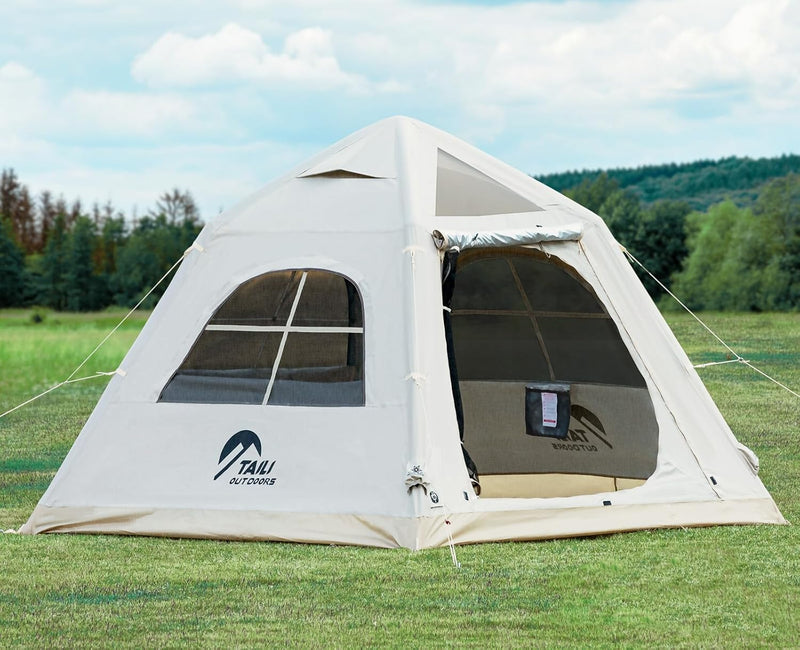 Portable inflatable camping tent, equipped with a manual pump, suitable for 3/4/6 people, easy to set up, suitable for outdoor activities. This inflatable outdoor waterproof Oxford canvas tent is suitable for family camping and is suitable for adults B0