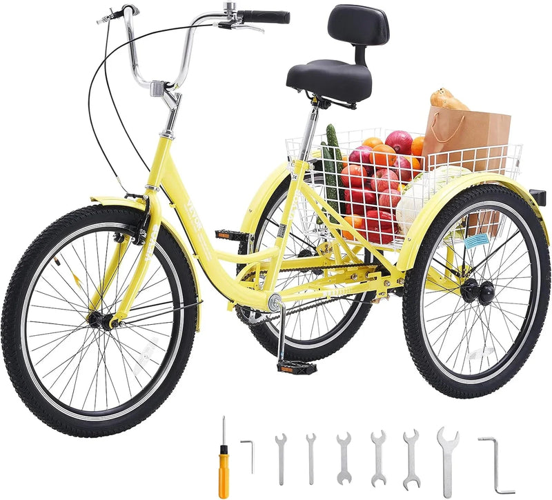 Adult tricycles, 20-inch tricycles, tricycle motorcycles, carbon steel leisure bicycles with baskets and adjustable seats, suitable for elderly, female and male picnic and shopping tricycles (yellow) C9