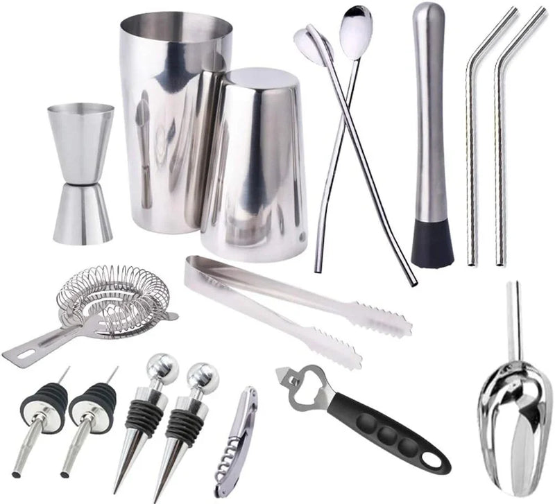 17pc Stainless Steel Cocktail Shaker Set Ice Strainer Clip Mixing Spoon Measure Cup Bar Tools Cocktail Set Can Opener Ice Shovel E9