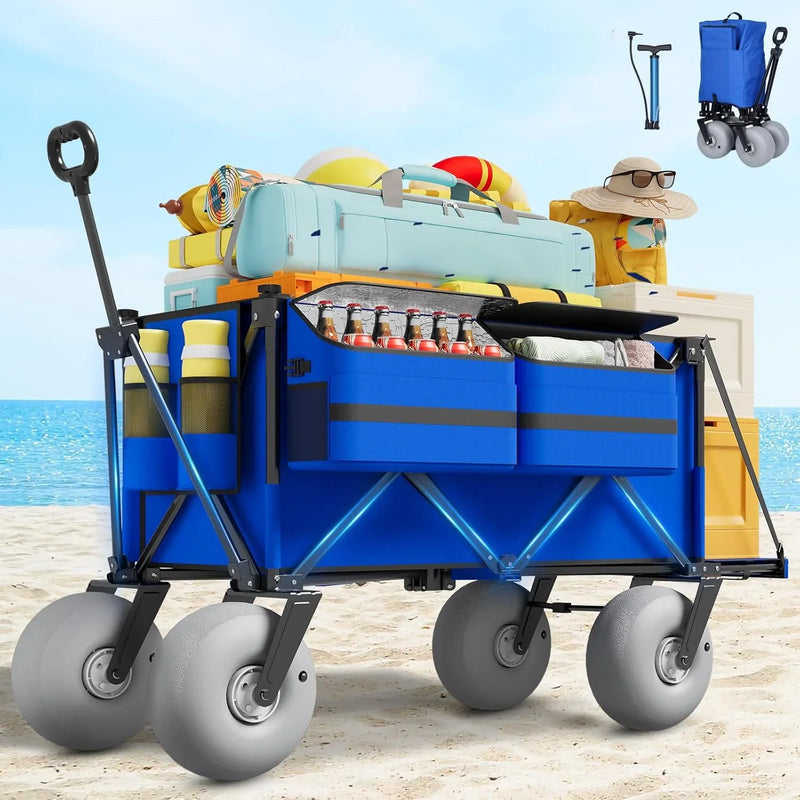 Beach Wagon with Big Wheels for Sand - 450lbs Load Heavy Duty Wagons Carts Foldable with 9" All Terrain Inflatable Tires, Collapsible Beach Cart for Grocery Shopping Garden Sports Camping Outdoor F6