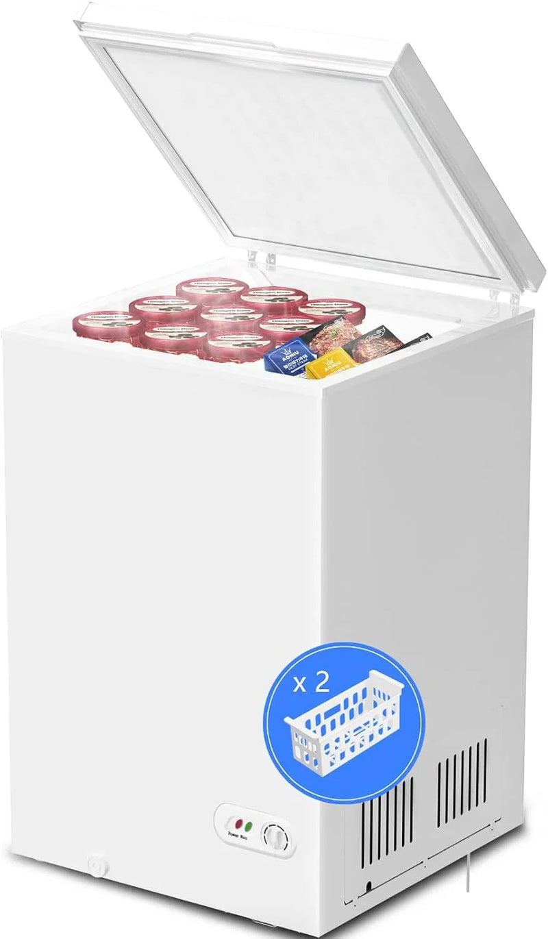 3.5 Cubic Feet Chest Freezer with 2 Removable Baskets Free Standing Top Open Door Compact Freezer with Adjustable Temperature for Home/Kitchen/Office/Bar (3.5 Cubic Feet, White) Q7