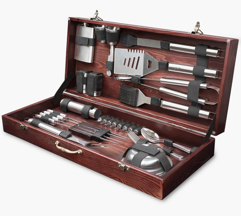 Outdoor Grill Accessories for Barbeque - Outdoor Grill Accessories for Barbeque - Premium Grill Tool Sets - Dark Wood Case Grilling Set - Griddle Accessories Kit - BBQ Gear G3