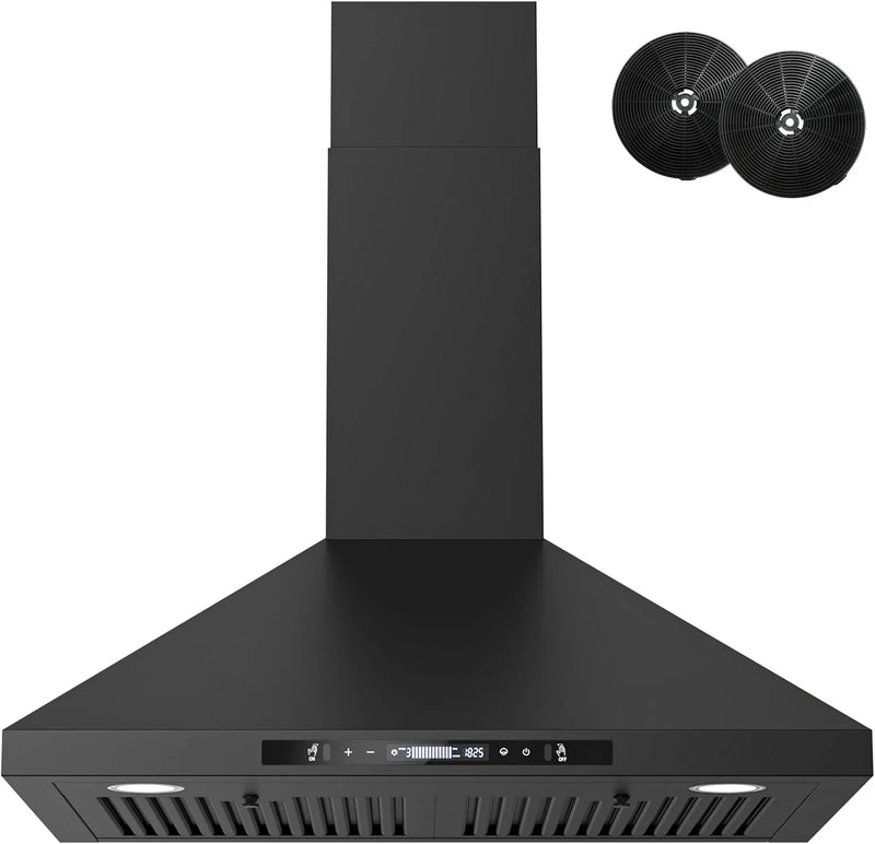 Wall-mounted black kitchen exhaust hood, 30 inches, 900 cubic feet per minute, built-in exhaust duct, three-speed exhaust fan, gesture/touch control, timer function, two baffles filters, stainless steel stove exhaust hood M4