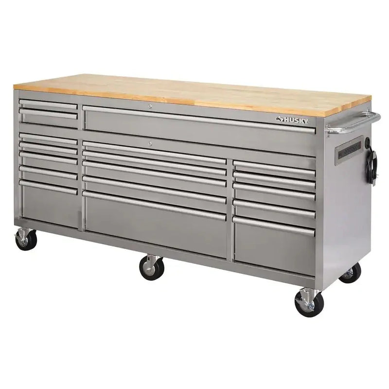 72 in. 18-Drawer 24 in. D Mobile Workbench with Solid Wood Top Stainless Steel N9