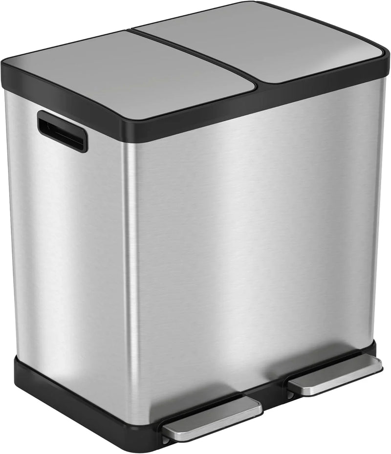 16-gallon contact-free trash and recycling bins, made of stainless steel, with a double compartment design (each compartment holds 8 gallons), suitable for recycling and waste disposal in the kitchen. P1