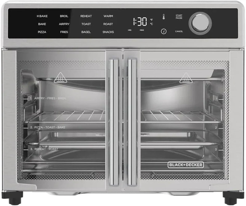 Crisp 'N Bake Air Fryer Toaster Oven Combo, 12 in 1 Countertop Convection Oven Cooks Food Fast, Fits a Whole Pizza or 6 Toast Slices, French Doors with Stainless Steel Finish Y0
