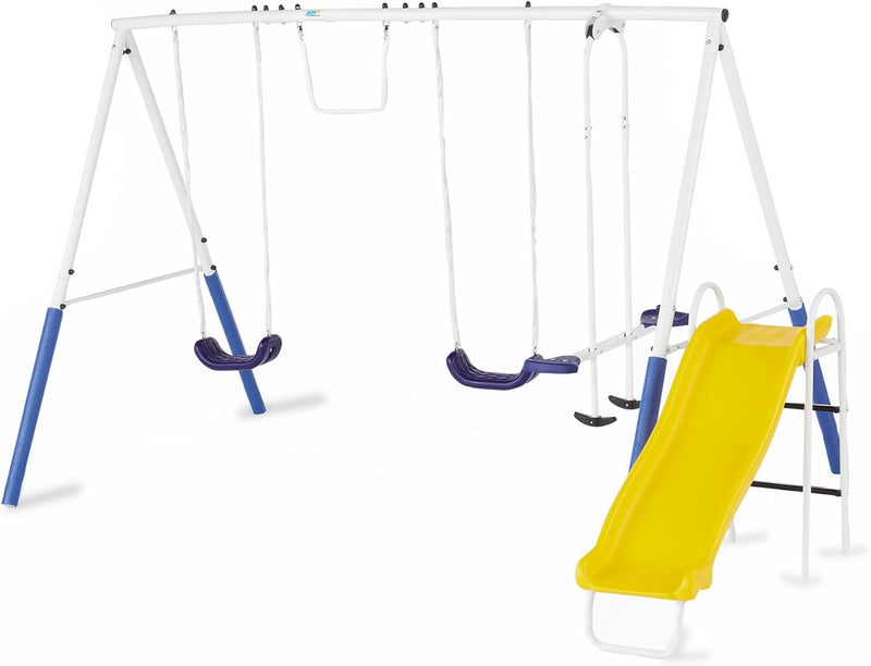 Recreation Blue Ridge Backyard Playground Set Sturdy Metal A Frame Swing with Chain Covers, Glider, Trapeze, 2 Swings, and Slide, Multicolor T6