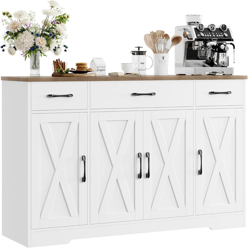 Drawer-equipped buffet-style cabinet, 55-inch large side cabinet-style storage unit with shelves and 4 doors, modern country-style coffee bar-style cabinet, wooden kitchen and dining room storage unit, white/rustic style C3
