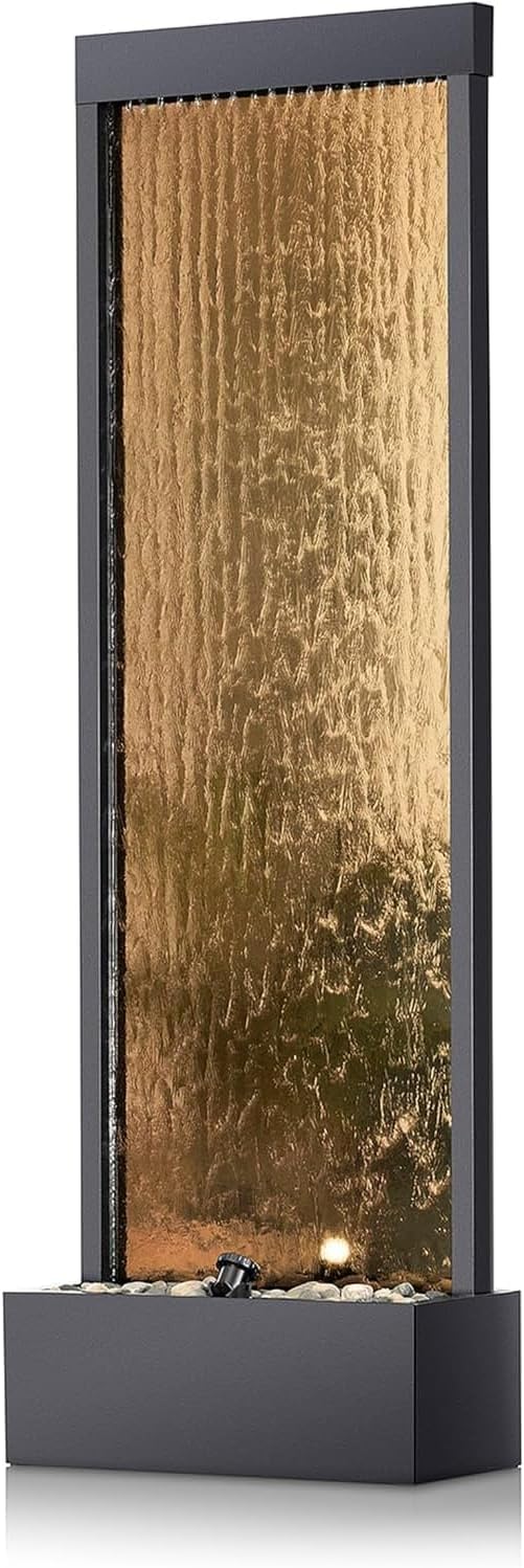 A mirror-floored waterfall fountain with stones and lights - suitable for offices, living rooms, terraces, entrances as a serene indoor/outdoor decoration - 48 inches (bronze color) Y5